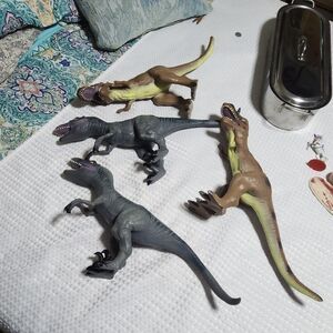 DINOSAURS EUC SET OF 4 RUBBER RAPTOR & T-REX 17" - 20" 2011 & 2014 JURASSIC